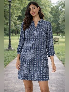 Davina Navy Blue & White Geometric Print Long Sleeve Shirt Dress Size 8